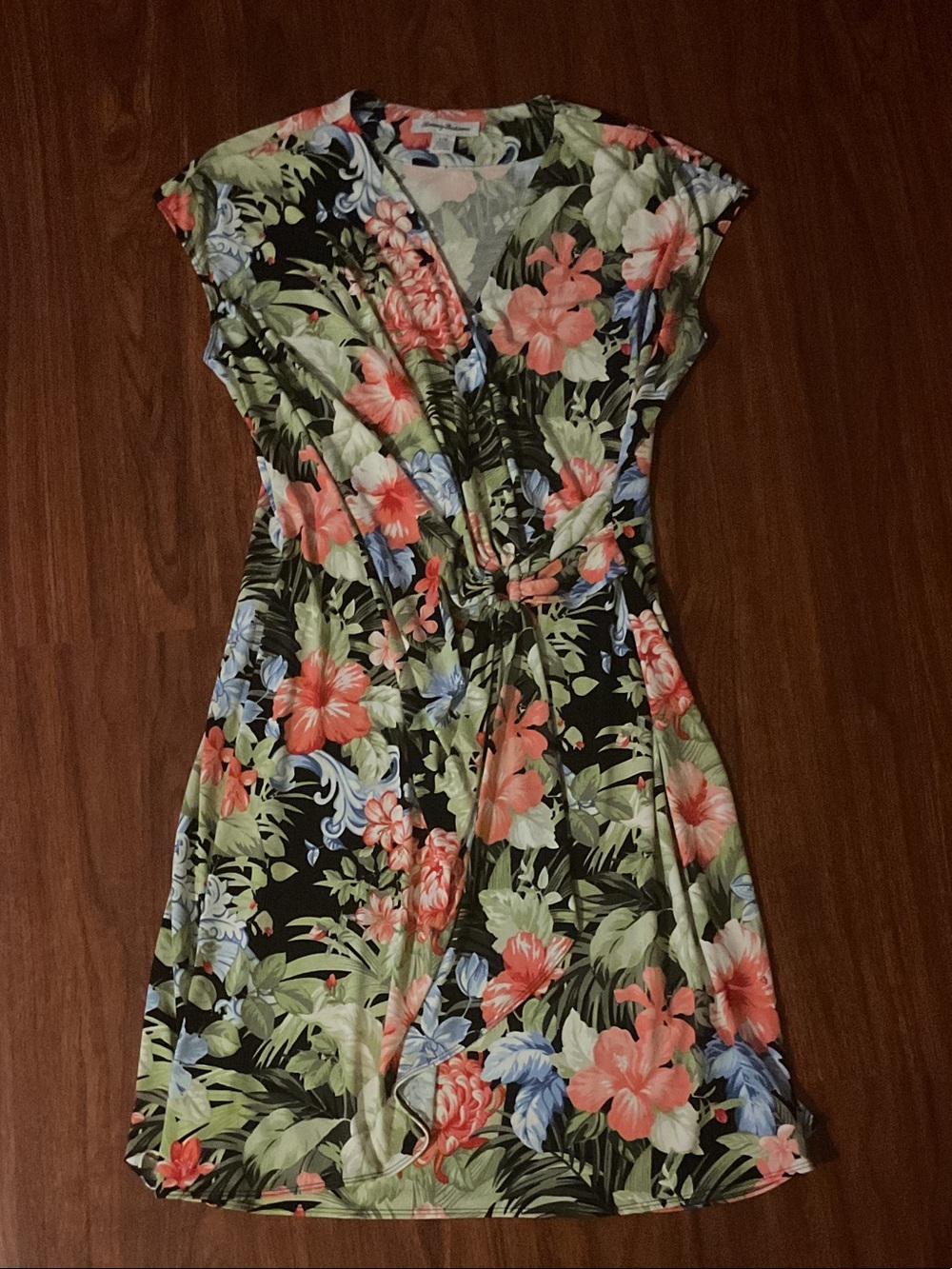 Tommy Bahama Coral & Green Floral Wrap-Front Midi Dress